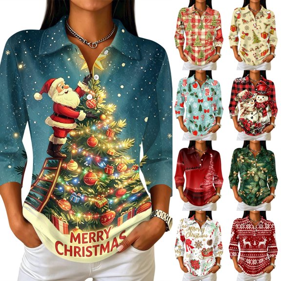Garbnen Christmas Womens Polo Shirts Christmas Tree 3 4 Sleeve Tops for Women Xmas Button Down Fall Winter Relaxed Fit Golf Shirts for Women