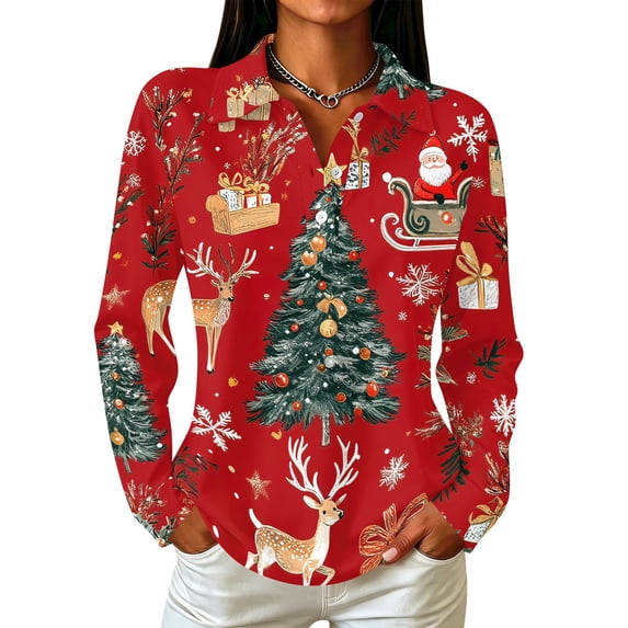 Garbnen Christmas Womens Polo Shirts Christmas Tree Golf Shirt Women Xmas Holiday Button Down Long Sleeve Fall Winter Relaxed Fit Y2k Tops for Women