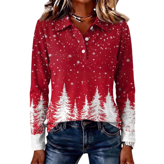 Garbnen Christmas Womens Polo Shirts Merry Christmas Tree Ladies Golf Shirts Xmas Waffle Knit Button Down Long Sleeve Fall Winter Relaxed Fit Womens shirts