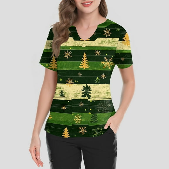 Garbnen Christmas Womens Scrub Top V Neck Short Sleeve Women's Tops Holiday Print Nurse Working Uniforms with Pockets S-5XL