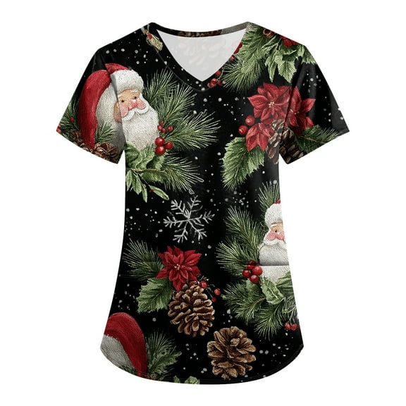 Garbnen Christmas Womens Scrub Tops V Neck Short Sleeve Women Tops Thanksgiving Holiday Nurse Uniforms with Pockets S-5XL