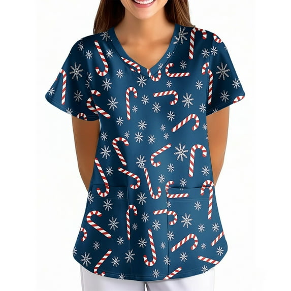 Garbnen Christmas Womens Scrub Tops V Neck Short Sleeve Womens Casual Tops Holiday Print Nurse Working Uniforms with Pockets S-5XL