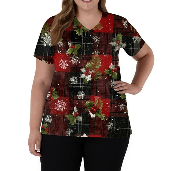 Garbnen Christmas Womens Scrub Tops V Neck Short Sleeve Womens Plus Size Tops Thanksgiving Holiday Nurse Uniform with Pockets S-5XL