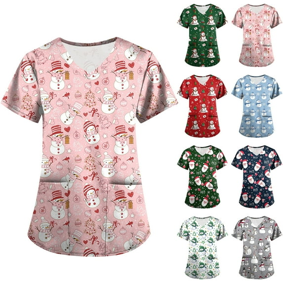 Garbnen Christmas Womens Scrubs Top Workwear V Neck Short Sleeve Workout Tops for Women Xmas Printed Nurses Working Uniforms with Pockets S-5XL