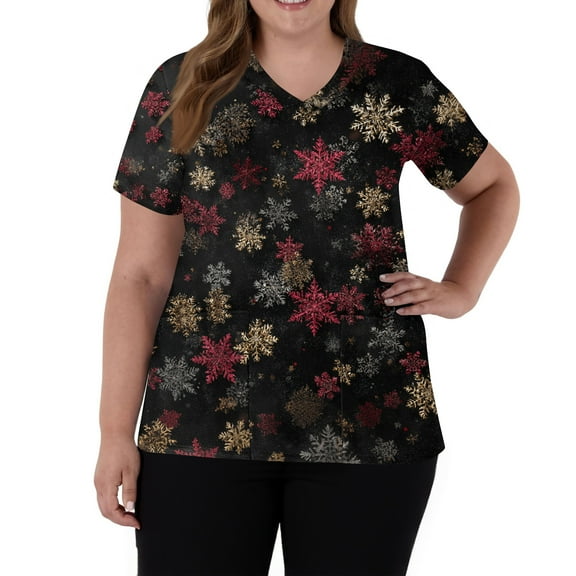 Garbnen Christmas Womens Scrubs V Neck Short Sleeve Tops for Women Thanksgiving Holiday Nurse Working Uniforms with Pockets S-5XL