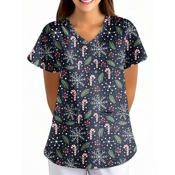 Garbnen Christmas Womens Scrubs V Neck Short Sleeve Women's Tops Thanksgiving Holiday Nurse Uniforms with Pockets S-5XL