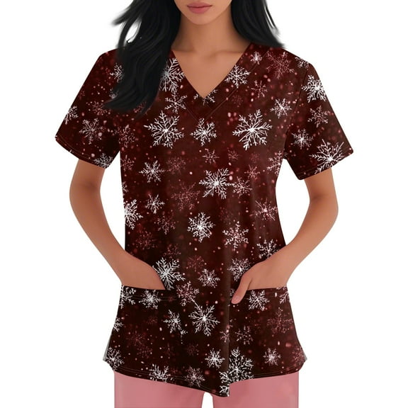 Garbnen Christmas Workwear Scrubs Women V Neck Short Sleeve Plus Size Tops for Women Xmas Printed Nurse Uniforms with Pockets S-5XL