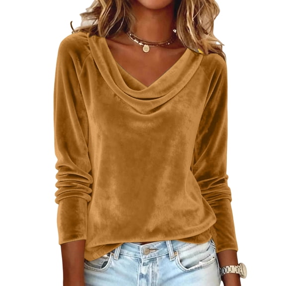 Garbnen Cowl Neck Long Sleeve Tops for Women Long Sleeve Trendy Velvet Top for Women Spring Summer Tunic Outfits Clothes Dressy Women Blouses