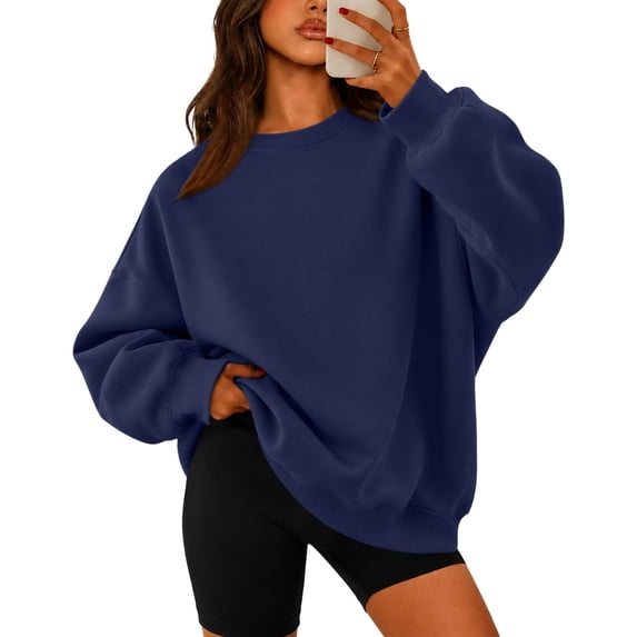 Garbnen Crew Neck Sweatshirt Women Fleece Long Sleeve Shirt for Women Casual Fall Winter Warm Oversized Trendy Pullover for Women Blue M