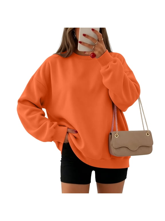 Crew Neck Sweatshirts Women Oversized Women's Long Sleeve Shirts Casual Fall Winter Soft Trendy Womens Pullover Tops Orange L