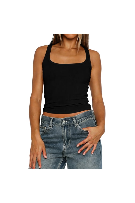 Cropped Ribbed Tank Tops for Women Sleeveless Slim Fit Womens Scoop Neck Tshirt Summer Basic Workout Womens Workout Top