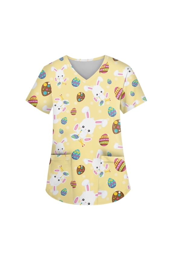 Easter Scrub Tops Bunny Egg Stretch Womens Work Tops with Pocket Short Sleeve V Neck Spring Nursing Scrubs S-5XL