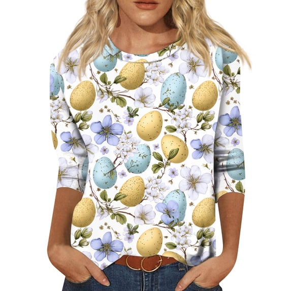 Garbnen Easter Tee Shirts for Women Round Neck Womens 3/4 Length Sleeve Tops Egg Bunny Hunt Print Trendy Fitted Fitted Blouse Women
