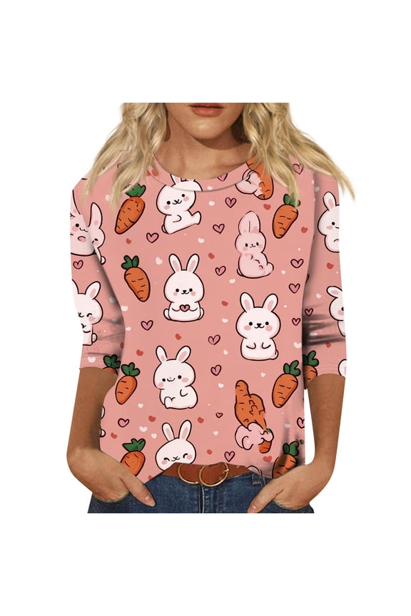 Easter Tops Women Crewneck Womens Tops 3/4 Length Sleeves Egg Rabbit Hunt Print Holiday Spring Summer Womens Blouses