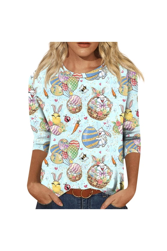 Easter Tops for Women Crewneck Womens Shirts 3/4 Sleeve Egg Rabbit Hunt Print Trendy Fitted Fitted Blouses for Women