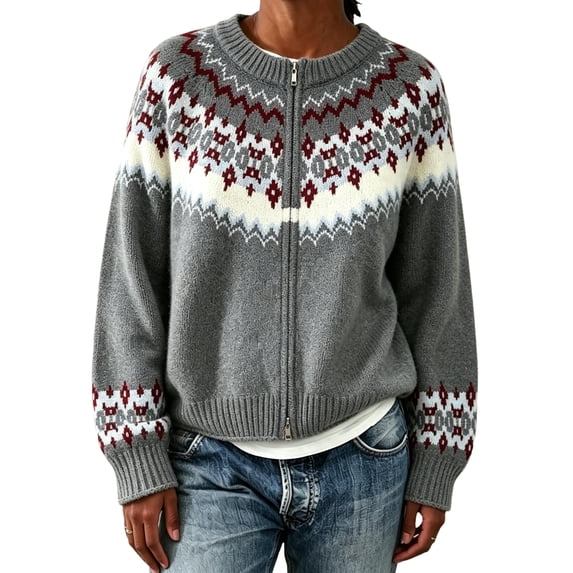 Garbnen Fair Isle Cardigan Sweater Women Vintage Long Sleeve Open Front Lightweight Cardigan Crew Neck Full Zip Trendy Fall Winter Outwear Gray Cardigans for Women Knit Jacket S