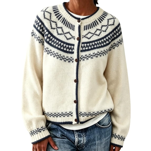 Garbnen Fair Isle Cardigan Sweater Women Vintage Long Sleeve Open Front Women Cardigans Lightweight Crew Neck Button Down Trendy Fall Winter Outwear White Cardigan for Women Knit Jacket S