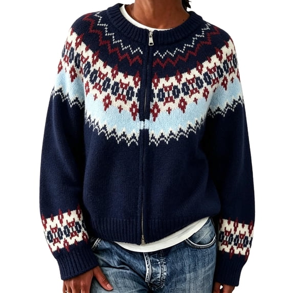 Garbnen Fair Isle Cardigan Sweaters for Women Vintage Long Sleeve Open Front Lightweight Cardigans for Women Crew Neck Full Zip Fall Winter Outwear Navy Cardigan for Women Knit Jacket Women XXXL