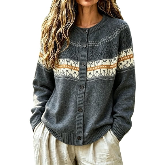 Garbnen Fair Isle Sweater Women Cardigan Vintage Long Sleeve Open Front Cardigan Lightweight Crew Neck Button Up Trendy Fall Winter Outwear Gray Cardigans for Women Knit Coat S