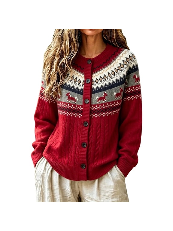 Fair Isle Sweater Women Cardigan Vintage Long Sleeve Open Front Lightweight Cardigans for Women Crew Neck Button Down Fall Winter Outwear Wine Cardigan for Women Knit Jacket Women XXXL
