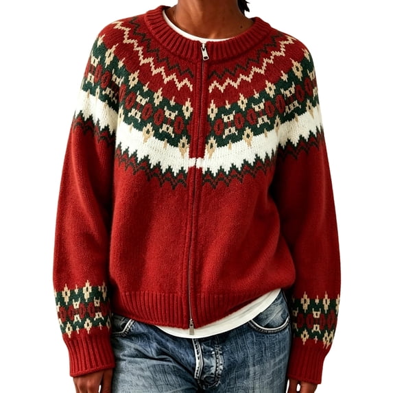 Garbnen Fair Isle Sweater Women Cardigan Vintage Long Sleeve Open Front Lightweight Cardigans for Women Crew Neck Full Zip Dressy Fall Winter Outwear Wine Cardigan for Women Knit Coat L