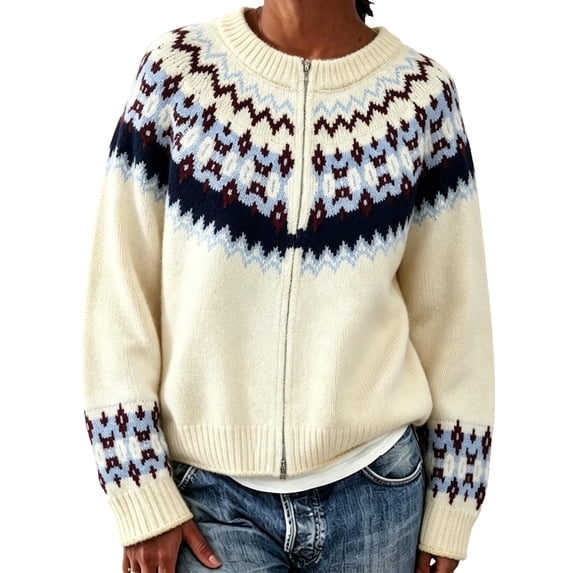 Garbnen Fair Isle Sweater Women Cardigan Vintage Long Sleeve Open Front Lightweight Cardigans for Women Crew Neck Full Zip Trendy Fall Winter Outwear Beige Cardigans for Women Knit Jacket Women XXL
