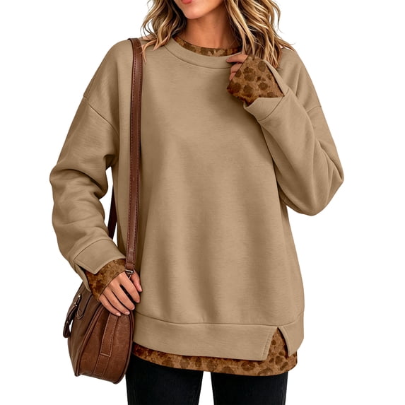 Garbnen Fake Two Piece Crew Neck Sweatshirts Women Leopard Print Side Slit Hem Long Sleeve Oversized Sweatshirts for Women Y2k Fall Streetwear Womens Pullover Sweatshirt Orange