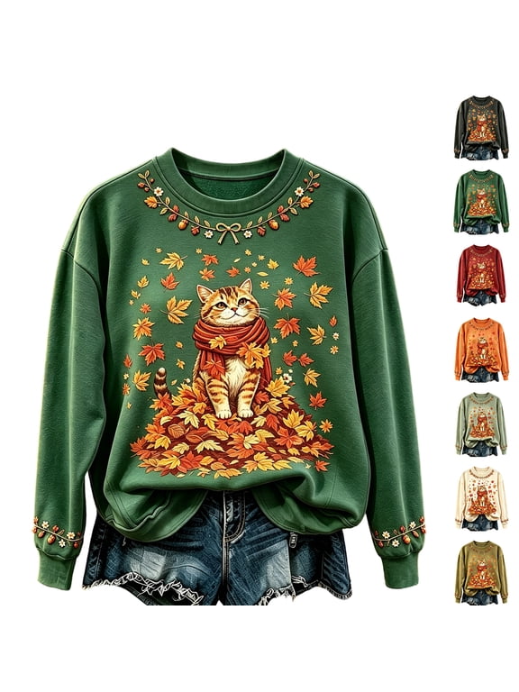 Fall Cat Graphic Women Sweatshirt Autumn Maple Floral Trim Long Sleeve Sweatshirts Vintage Warm Holiday Pullover Sweatshirt