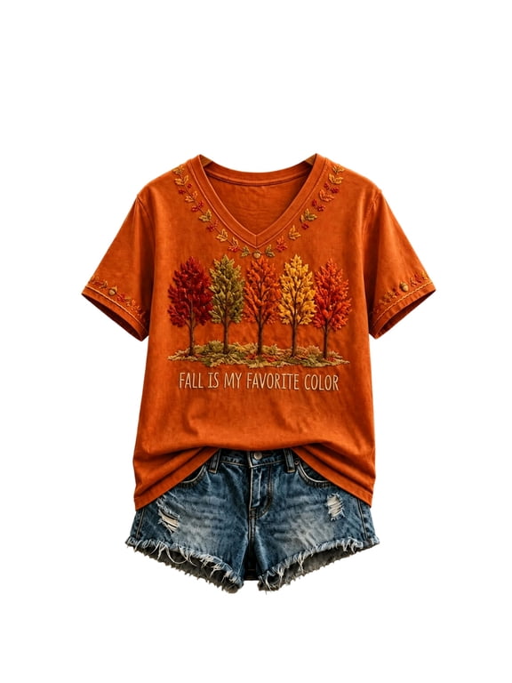 Fall is My Favorite Color Womens T Shirts Autumn Tree Short Sleeve Womens Graphic Tees Warm Retro Happy Holiday Tshirts Shirts for Women
