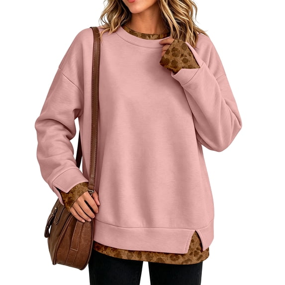 Garbnen Faux Layered Crew Neck Sweatshirt for Women Leopard Print Side Slit Hem Long Sleeve Oversized Sweatshirts for Women Y2k Fall Streetwear Tops for Women Pink