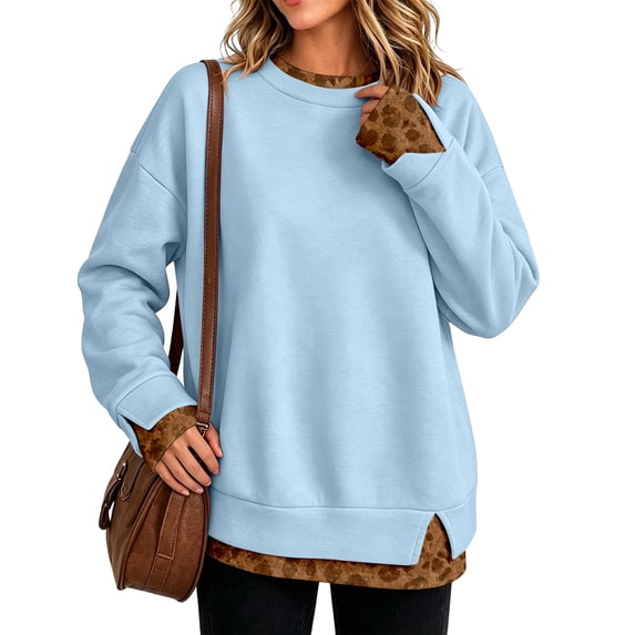 Garbnen Faux Layered Womens Crewneck Sweatshirt Leopard Print Side Slit Hem Long Sleeve Oversized Sweatshirt for Women Y2k Fall Streetwear Womens Tops Blue