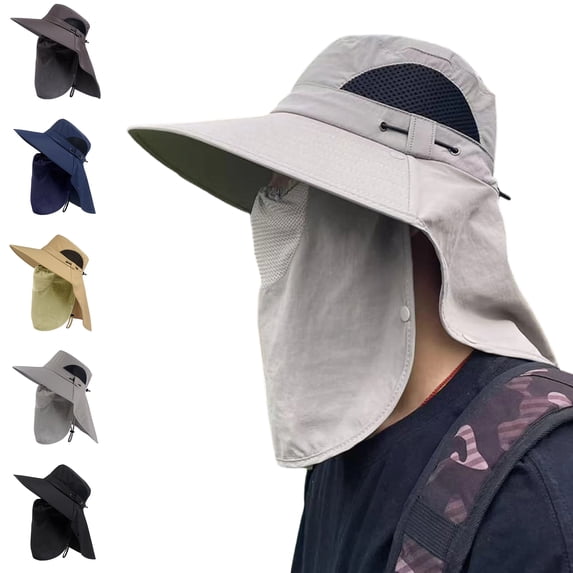 Garbnen Fishing Hats Sun Protection Wide Brim Hats with Face Cover & Neck Flap Summer Outdoor Hiking Sun Hats for Men Women Gray 21.65-23.62"