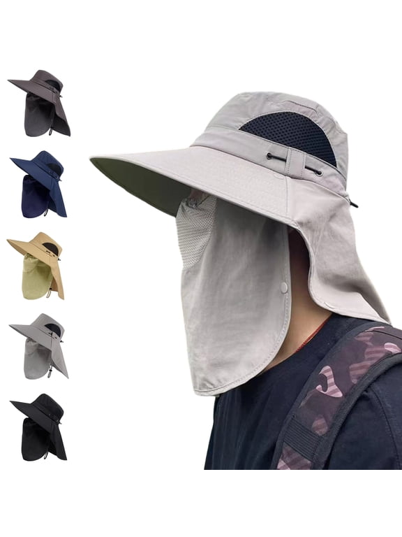 Fishing Hats Sun Protection Wide Brim Hats with Face Cover & Neck Flap Summer Outdoor Hiking Sun Hats for Men Women Gray 21.65-23.62"