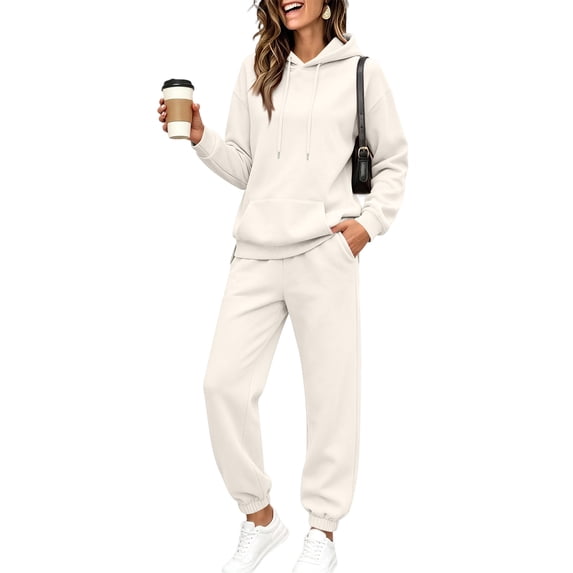 Garbnen Fleece 2 Piece Sweatsuits for Women Solid Hoodie Jogger Pants Set Warm Plush Comfy Sweat Sets for Women Beige L