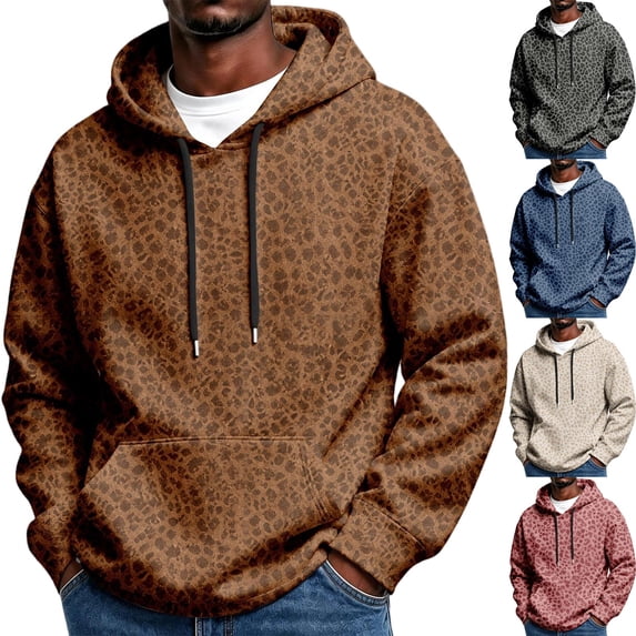 Garbnen Fleece Hoodies for Men Fall Winter Warm Leopard Print Long Sleeve Sweatshirt for Men Streetwear Men's Sweatshirts and Hoodies with Pocket