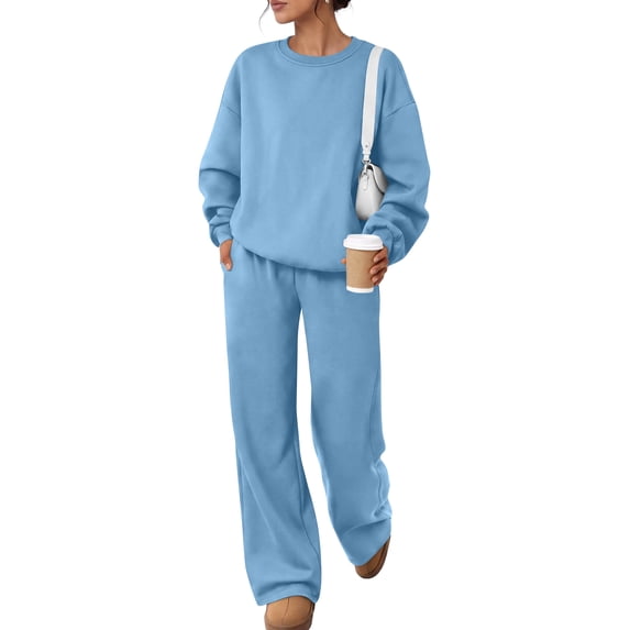 Garbnen Fleece Lined 2 Piece Sweatsuits for Women Crew Neck Long Sleeve Oversized Sweatshirt Elastic Waist Wide Leg Sweatpants Fluffy Flannel Fuzzy Sweats Sets for Women Sky Blue M