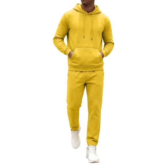 Garbnen Fleece Lined Men's Hoodie 2 Piece Sweat Suit Solid Color Drawstring Hoodies and Jogger Pant Workout Athletic Fluffy Flannel Fuzzy Sweatsuits for Men Yellow