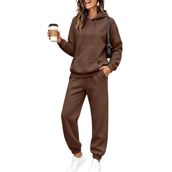 Garbnen Fleece Lined Sweatsuits 2pcs Sets Womens Hoodie Jogger Sweatpants Set Fluffy Flannel Fuzzy Matching Sweat Sets for Women Brown M