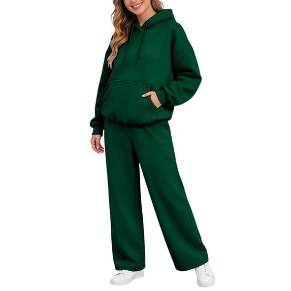 Garbnen Fleece Lined Sweatsuits 2pcs Sets Womens Hoodie Wide Leg Sweatpants Lounge Track Suit Warm Plush Sweats Sets for Women Dark Green XXL