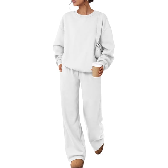 Garbnen Fleece Lined Sweatsuits Women 2 Piece Outfit Crew Neck Long Sleeve Oversized Sweatshirt Elastic Waist Wide Leg Sweatpants Fluffy Flannel Fuzzy Tracksuit for Women White M