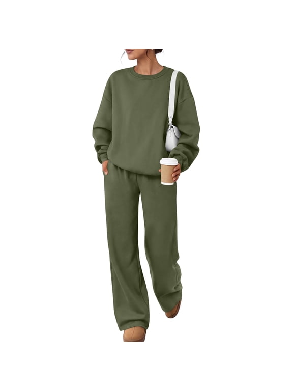 Fleece Lined Sweatsuits Women 2 Piece Outfit Crew Neck Oversized Sweatshirt & Wide Leg Pants Warm Plush Matching Sweat Sets Women Clothing Green M