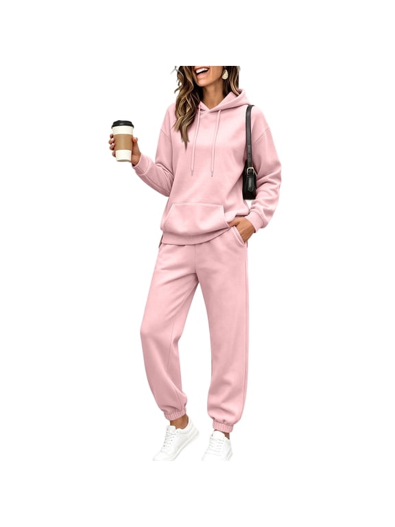 Fleece Lined Sweatsuits Women 2 Piece Outfit Jogging Suit Hooded Set Fluffy Flannel Fuzzy Matching Sweat Sets Women Clothing Pink XL