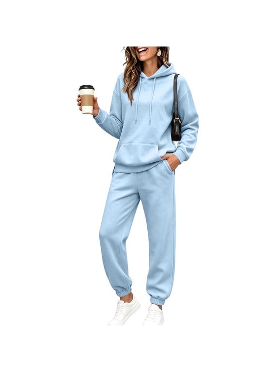 Fleece Lined Sweatsuits Women 2 Piece Outfit Jogging Suit Hooded Set Fluffy Flannel Fuzzy Tracksuits for Women Set Sky Blue S