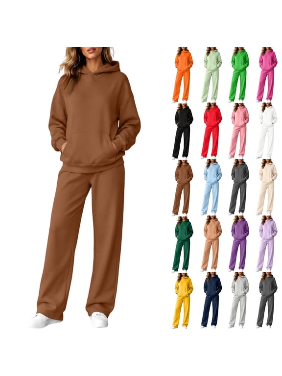 Fleece Lined Sweatsuits for Women Set 2 Piece Loose Hooded Sweatshirt High Waist Wide Leg Pants Warm Plush Women Sweat Set Black M