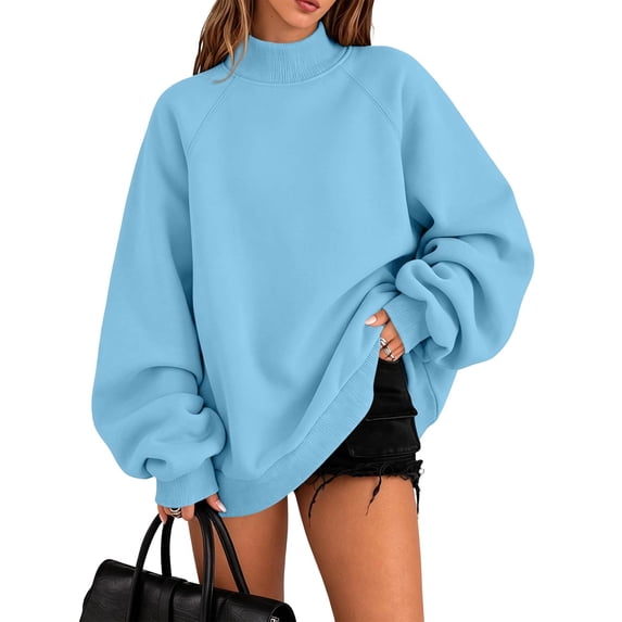 Garbnen Fleece Lined Women Mock Neck Sweatshirt Plain Long Sleeve Oversized Sweatshirt for Women Soft Warm Fall Streetwear Thermal Pullover Sweaters for Women Sky Blue