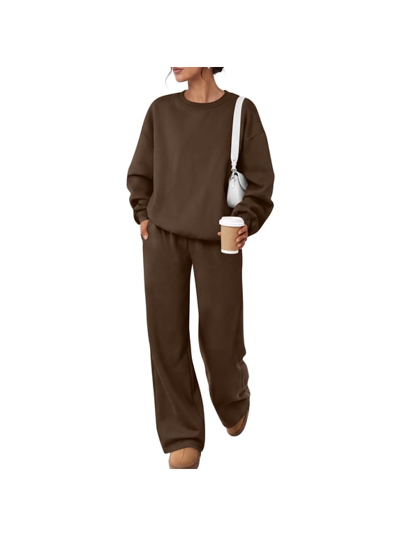 Fleece Lined Womens Sweatsuits 2 Piece Set Crewneck Sweatshirt and Sweatpants Set Fluffy Flannel Fuzzy Women Sweat Set Brown XXL
