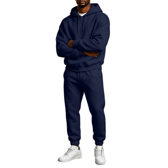 Garbnen Fleece Mens 2 Piece Hoodie Jogger Set Long Sleeve Drawstring Pullover Hoodies and Sweatpants Workout Athletic Warm Plush Track Suits Mens Navy