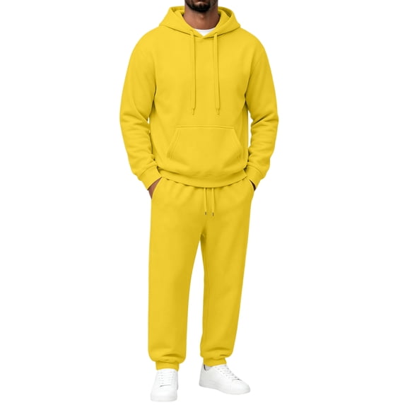 Garbnen Fleece Mens 2 Piece Hoodie Jogger Set Long Sleeve Drawstring Pullover Hoodies and Sweatpants Workout Athletic Warm Plush Tracksuit Men Yellow