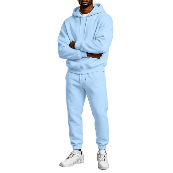 Garbnen Fleece Mens Sweatsuits 2 Piece Set Long Sleeve Drawstring Pullover Hoodies and Sweatpants Workout Athletic Fluffy Flannel Fuzzy Tracksuits for Men Set Light Blue
