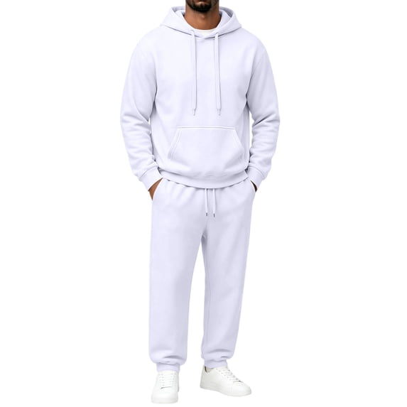 Garbnen Fleece Mens Sweatsuits 2 Piece Set Long Sleeve Drawstring Pullover Hoodies and Sweatpants Workout Athletic Warm Plush Men Tracksuit White